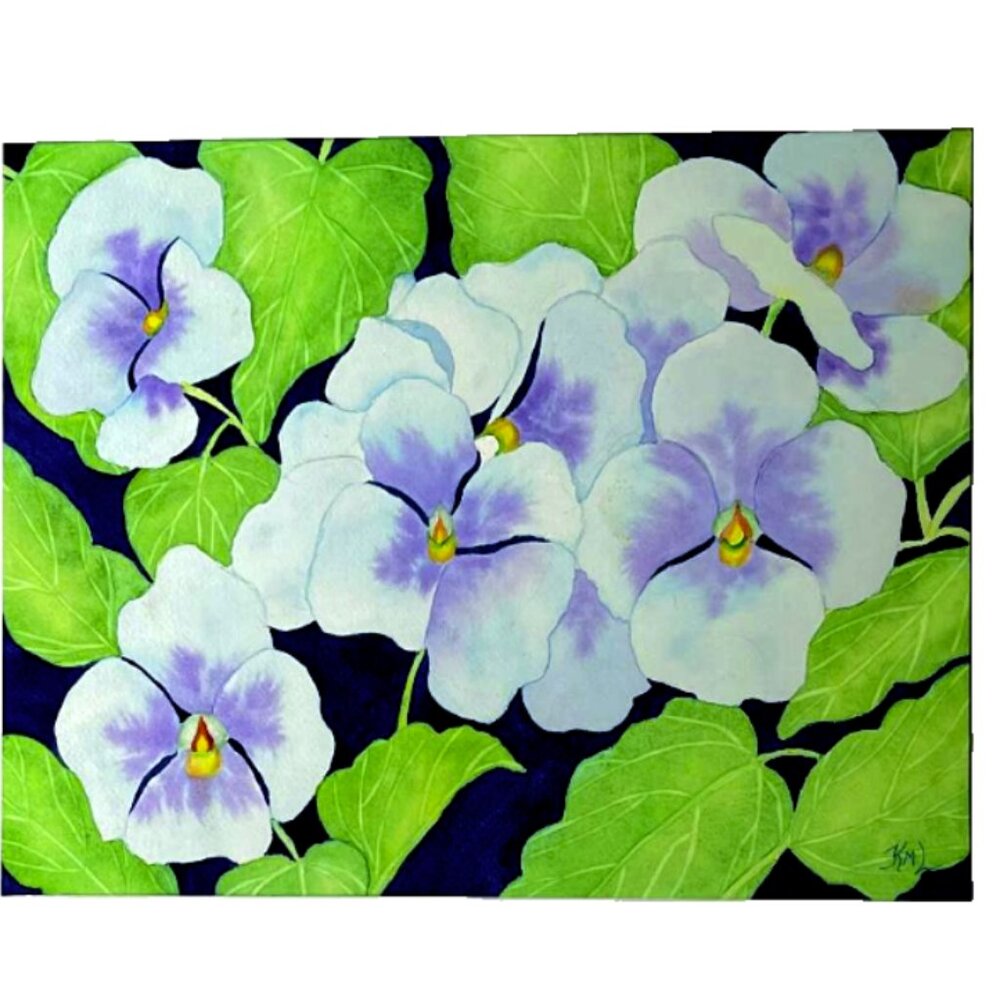 PAINTING WATERCOLOR ORIGINAL ART PANSY FLOWERS BLUE PURPLE GREEN 11X14 MAT 16X20